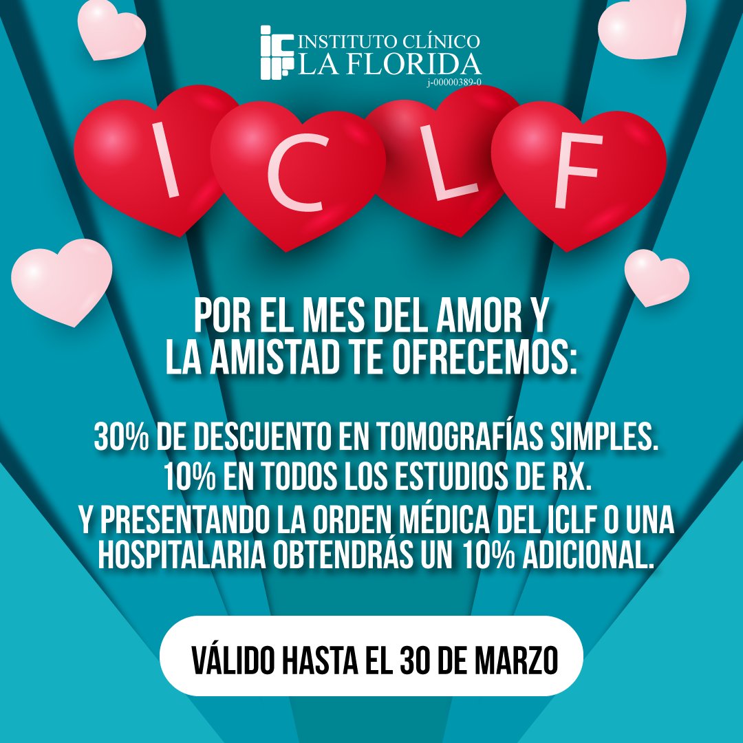 iclaflorida1954's tweet photo. Por el mes del amor y la amistad, en #ICLF te ofrecemos estos increíbles descuentos:

30% en tomografías simples.

40% con récipe de hospital.

40% con récipe médico del ICLF

10% en todos los estudios de RX.

No te lo puedes perder.

Válido hasta el 30 de Marzo https://t.co/DelPiSeCsb