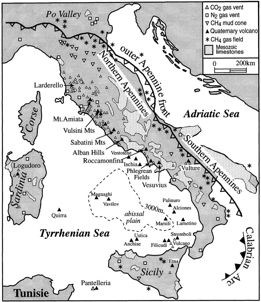 InquaRoma2023's tweet photo. Come to 🇮🇹 Italy for #INQUARoma2023 &amp;  some #Quaternary volcanoes...
Info:  https://t.co/KrDmvq1G1x 
Map of Italy w/ Quat volx, geothermal flds, gas vents, Mesozoic carbonate outcrops and thrusts. Credit: Minissale et al. 2000, Tectonophysics 319:199-222 https://t.co/sPY8BW4FYN