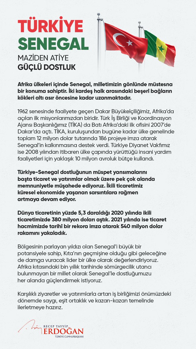 Senegal ile ikili ticaretimiz küresel ekonomide yaşanan sarsıntılara rağmen artmaya devam ediyor. Dünya ticaretinin %5,3 daraldığı 2020 yılında ikili ticaretimizde 380 milyon doları aştık.

Ortak hedefimiz 1 milyar dolar… 🇹🇷🇸🇳 

fr.allafrica.com/stories/202202…