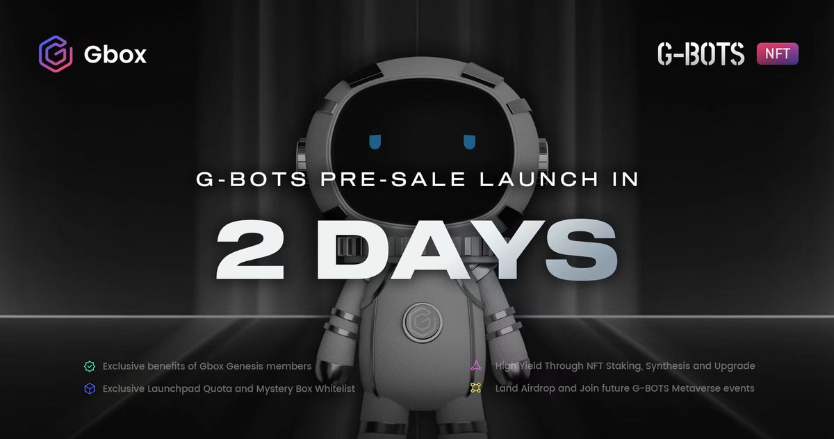 ⌛️2 Days

⌛️48 Hours

🤖G-BOTS is waiting quietly in the mystery box

🌟Waiting for its owner

Feb 23 2PM 👉app.gbox.space/myBox/

How to mint 
👇
gbox.gitbook.io/docs/tutorial/…

#NFTCommunity #NFT