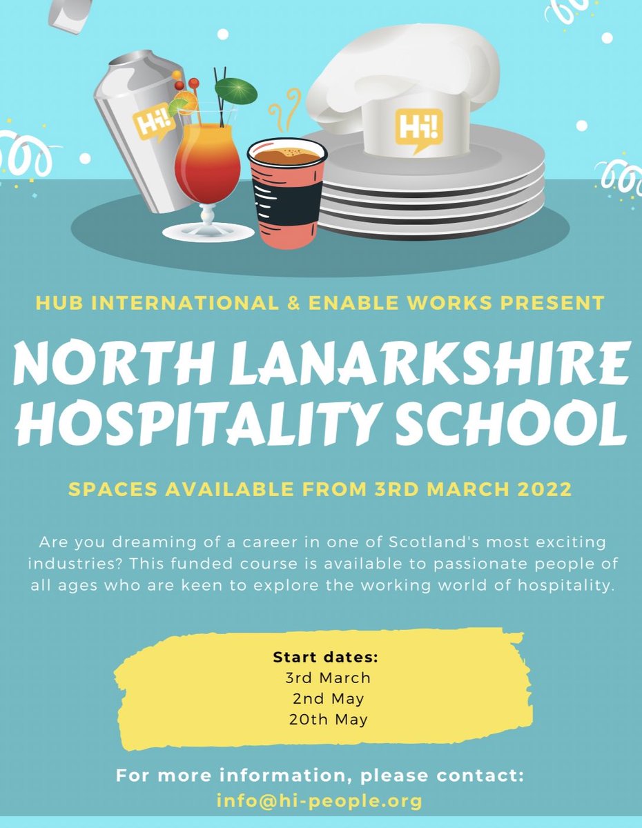 Hub_Internation's tweet photo. 📣 People of North Lanarkshire 📣 join us for fantastic, fully funded hospitality training! If you work less than 16 hours, are on benefits or unemployed we want to hear from you! ✨ Your new career awaits! 👩‍💼👨‍🍳🍽🍻🍹✈️ https://t.co/8kXwgrEBkN