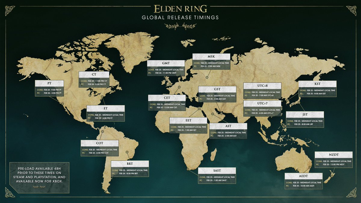 ELDENRING's tweet image. Worldwide ELDEN RING Release Schedule. 
So that you may know, and in knowing, plan your actions.

Pre-Order #ELDENRING: eldenring.com