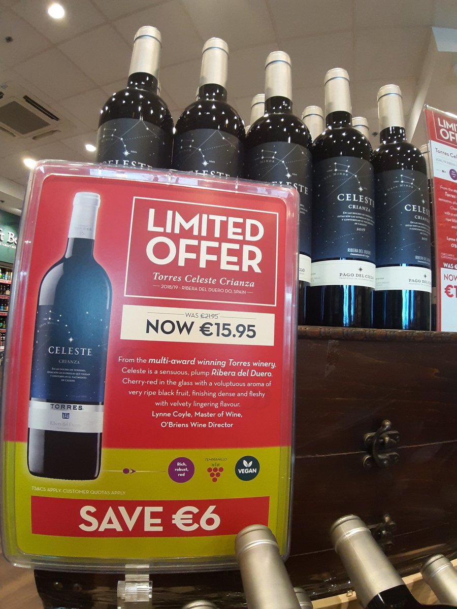 obrienslimerick's tweet photo. Limited time on offer the fabulous Torres Celeste Crianza from Ribera Del Duero 12 months in French &amp; American Oak barrels create a silky smooth red with ripe black fruit now only €15.95 instorw @OBriensWine until stocks last, customer quotas apply https://t.co/mVruVKJTCm