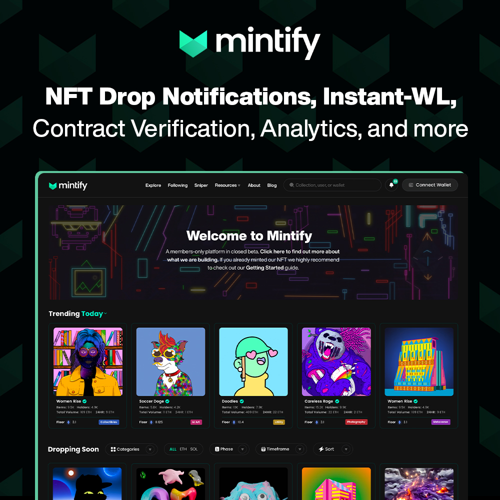 Mintify's tweet image. Get Whitelisted for Phase 3 - Launching 03/03 🎉

🔥Join Mintify🔥
- NFT Calendar + Smart Notifications
- Wallet PnL and Analytics
- Early Access and Lifetime Membership
- Stop Grinding WL Spots

🚀Learn More: mintify.me
➡️Get Whitelisted: discord.gg/mintify