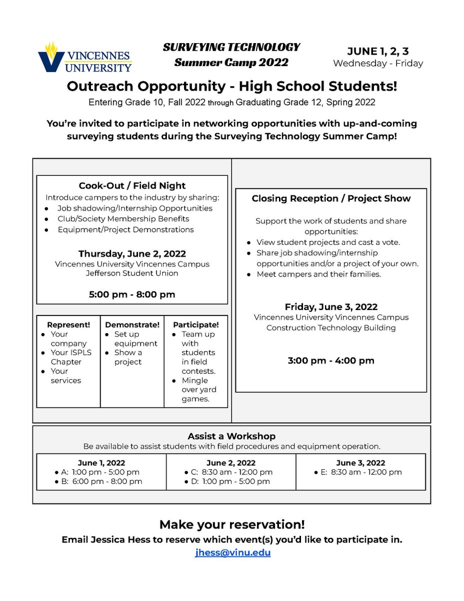 Know any high school students interested in a career in surveying? Vincennes University Surveying Technology Summer Camp is a great opportunity for students looking to network and have fun! Registration is limited so don't miss out!