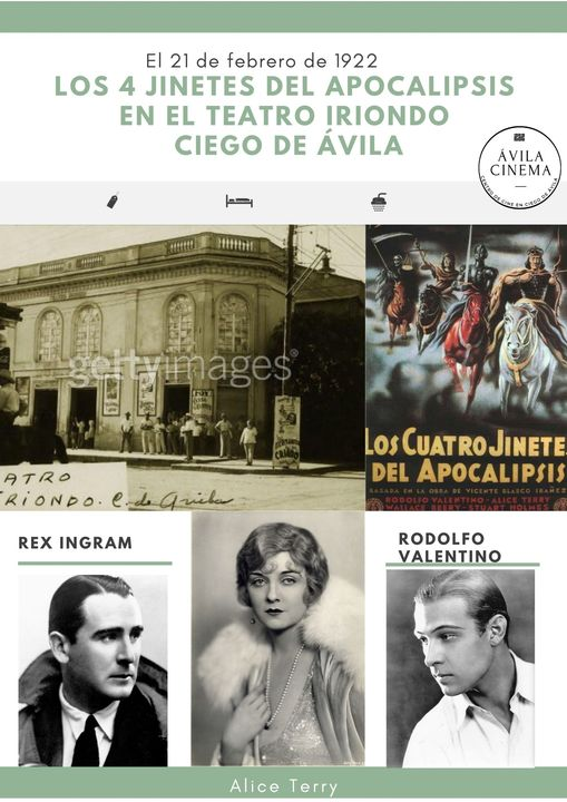 El 21 de febrero de 1922 el teatro Iriondo de Ciego de Ávila anunció la proyección del filme estadounidense Los 4 Jinetes del Apocalipsis, realizado por Rex Ingram y protagonizado por el famoso actor Rodolfo Valentino y Alice Terry #cine  #ICAIC  #ciegodeavilacine #culturaavileña