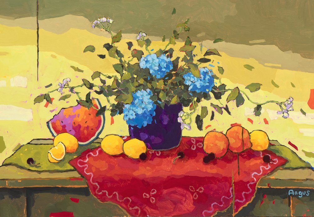 InsideSantaFe's tweet image. HYDRANGEA WITH LEMONS ON RED by Angus who is represented by @ventanafineart acrylic, 24 x 36 in. His work is reminiscent of many post-impressionists, yet there's a contemporary underpinning that gives his work originality. bit.ly/2jVEgam bit.ly/3ggaAPQ