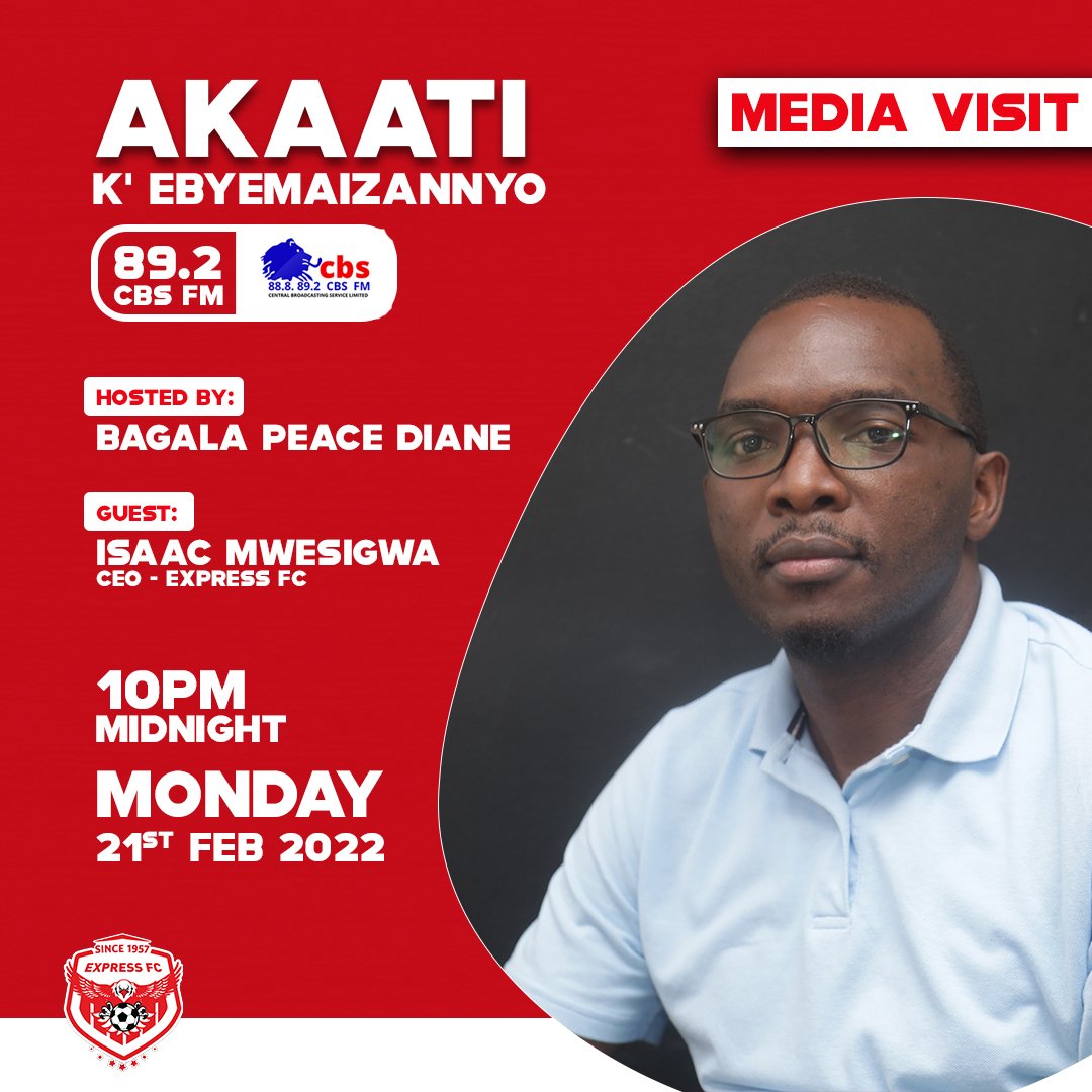 ExpressFCUganda's tweet photo. #ExpressNation, the boss @IsaacMwesigwa10 will be live on @892cbsFm tonight with @peaceBagala to discuss club matters. Don't miss out!!

#MukwanoGwabangi🔴🦅. https://t.co/0P6fIgrr5V