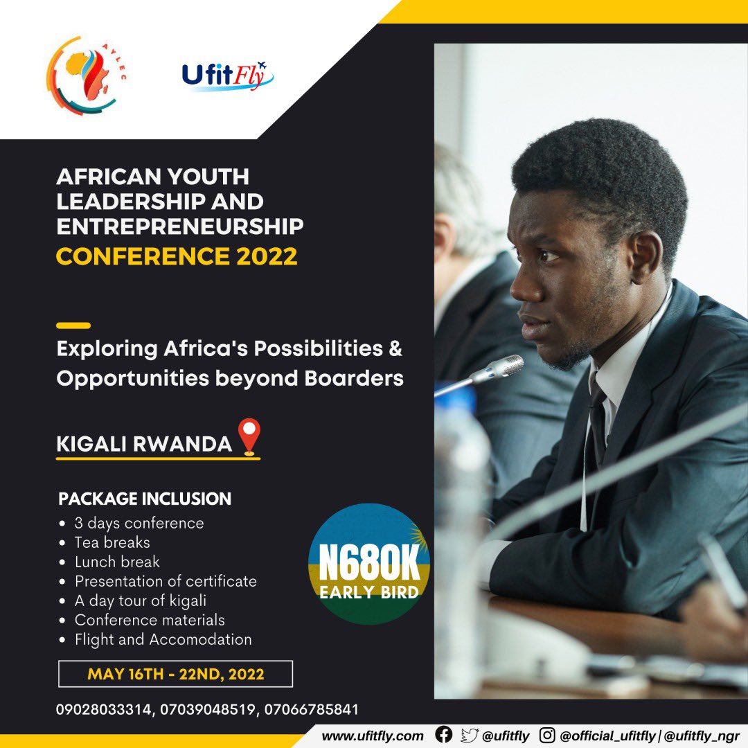 travelplug25's tweet photo. This is d  first of its kind coming 4rm ufitFly ! A conference  dat cut across the whole of  Africa titled"African Youth Leadership and Entrepreneurship Conference 2022". This for you if you are business owner, civil servant, business manager or you are in any leadership positn. https://t.co/PJXf6aqpey