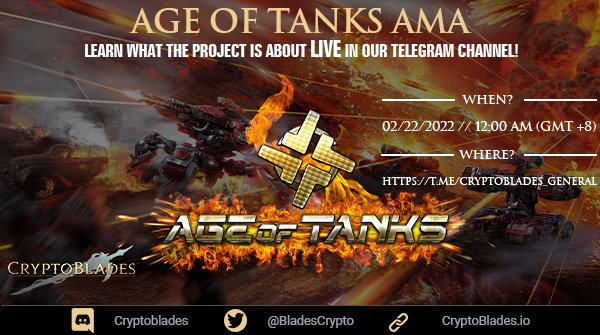 CryptoBlades (@cryptoblades) on Twitter photo ⚔️CryptoBlades x A.o.T. AMA⚔️
⏰20 MINUTES until our AMA with the Co-Founder and CEO of <a href="/AgeOfTanksNFT/">Age Of Tanks Official</a>, Jackson Neo!
👀10 people who retweet will split $375!
👉CB Telegram: t.me/CryptoBlades_G…
👉Giveaway: forms.gle/F6BhCzjGicgk3E…
#Crypto #SKILL #KING #playtoearn ⚔️CryptoBlades x A.o.T. AMA⚔️
⏰20 MINUTES until our AMA with the Co-Founder and CEO of <a href="/AgeOfTanksNFT/">Age Of Tanks Official</a>, Jackson Neo!
👀10 people who retweet will split $375!
👉CB Telegram: t.me/CryptoBlades_G…
👉Giveaway: forms.gle/F6BhCzjGicgk3E…
#Crypto #SKILL #KING #playtoearn