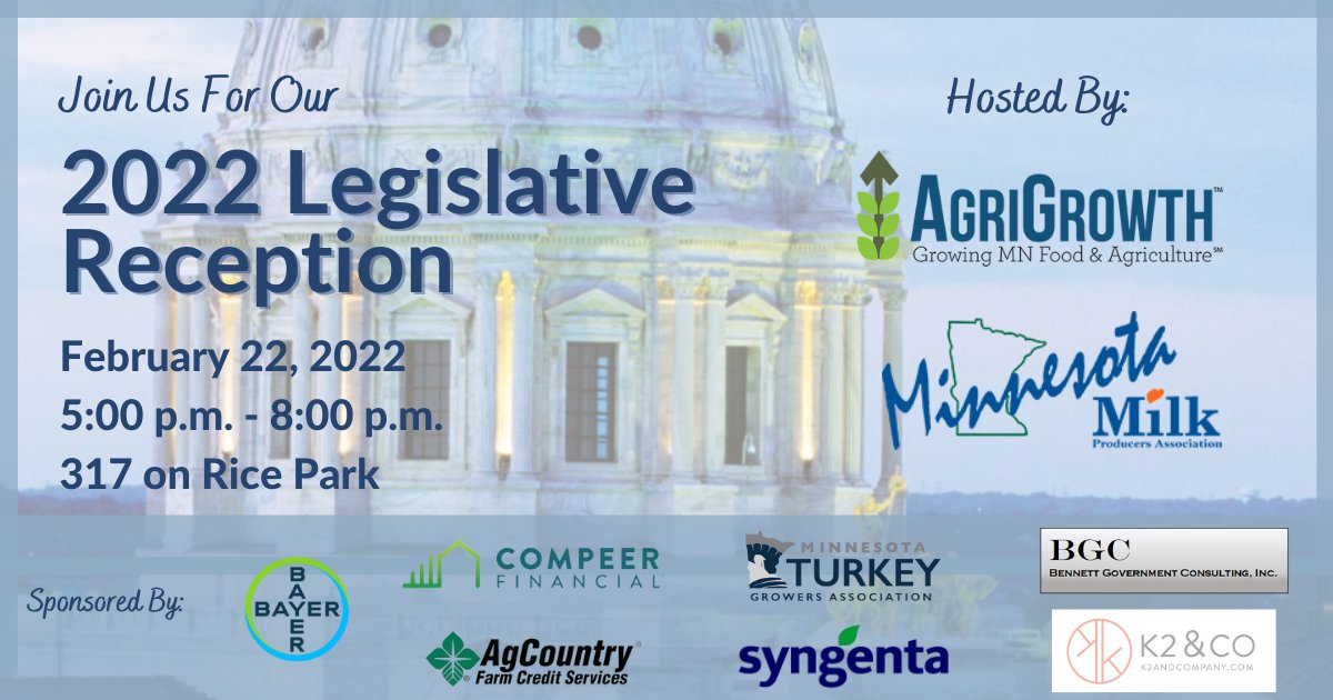 TOMORROW - Join AgriGrowth, the <a href="/MN/">misnomer</a> Milk Producers Association, and lawmakers at our Legislative Reception!

Advance registration is required. Don’t miss out - get your ticket today!

agrigrowth.org/events/2022-le…