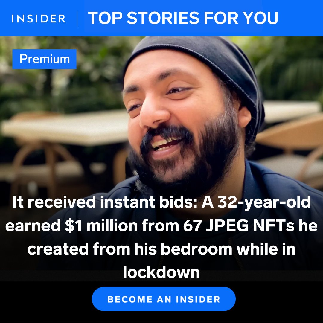 BusinessInsider's tweet photo. A 32-year-old earned $1 million from 67 JPEG NFTs he created from his bedroom while in lockdown. He breaks down the steps and software he used to create them, and the inspiration behind the project.

Unlock this article for free at Business Insider today ➡️