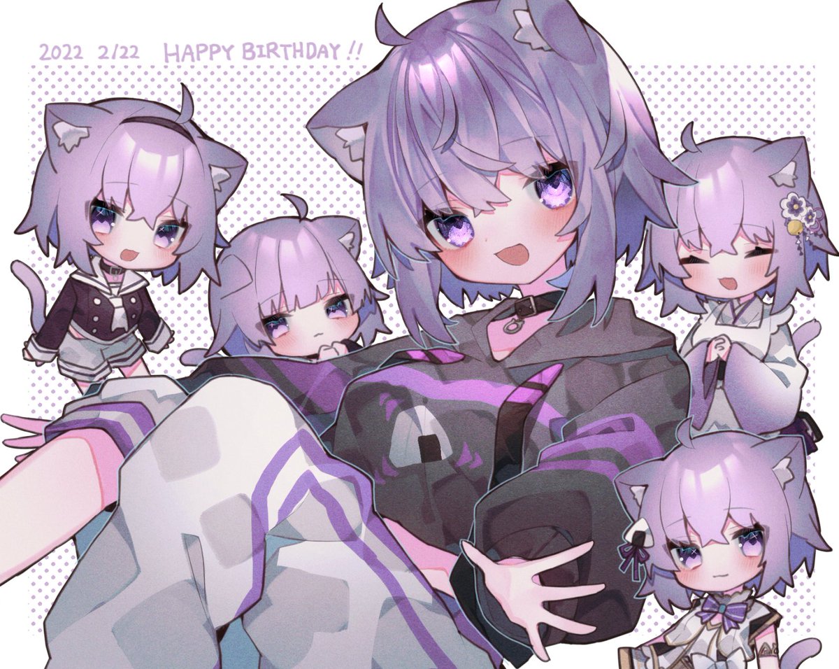 nekomata okayu animal ears cat ears purple hair cat tail tail black hoodie purple eyes  illustration images