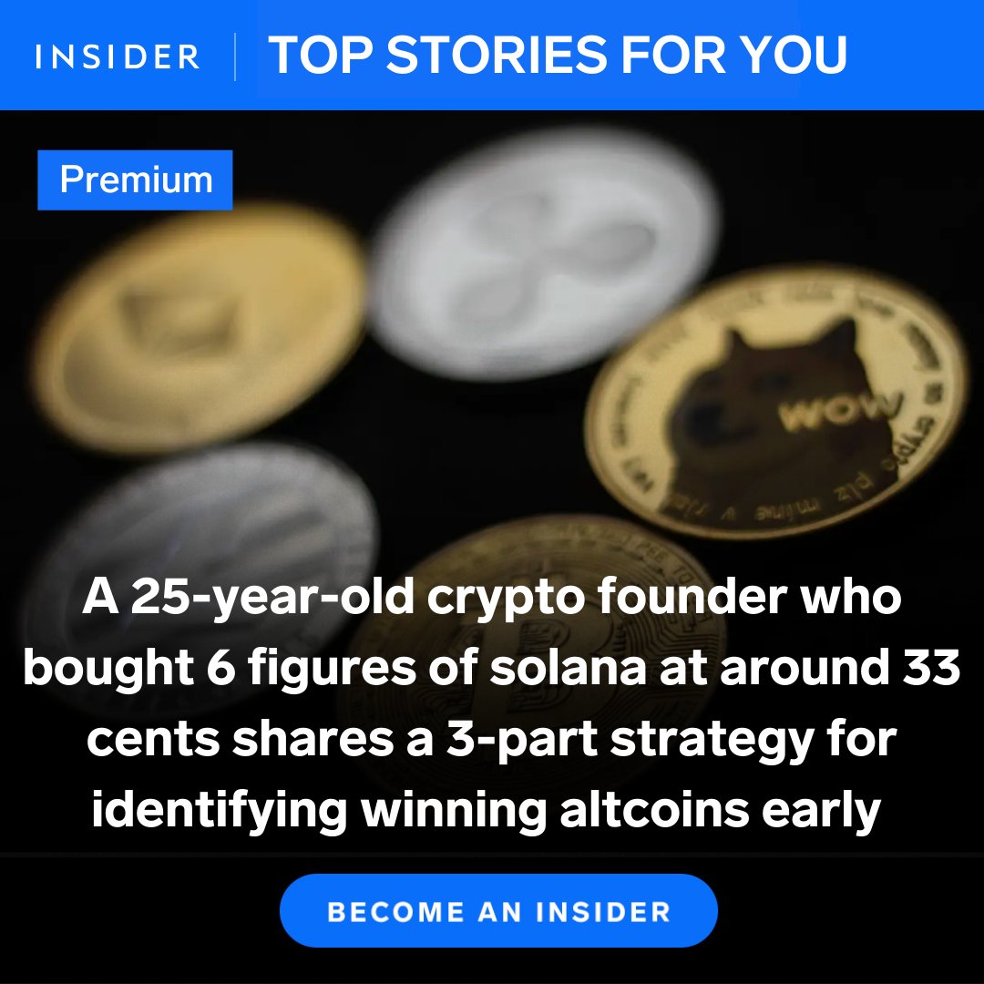 BusinessInsider's tweet photo. A 25-year-old crypto founder who bought 6 figures of solana at around 33 cents and polkadot below $1 shares a 3-part strategy for identifying winning altcoins early — and explains how he is trying to build the 'Apple of finance'