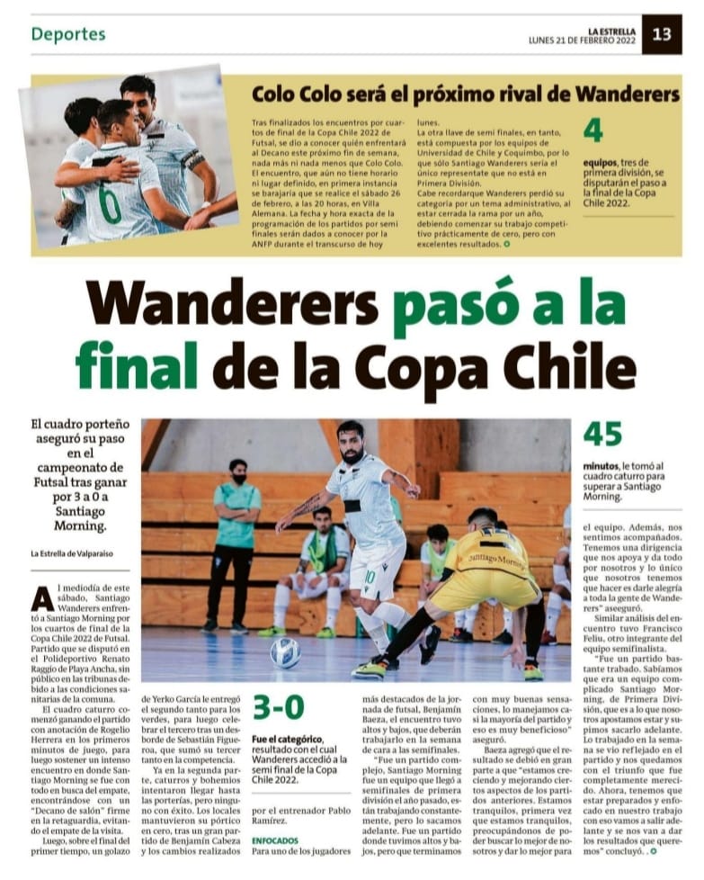 CorporacionSW's tweet photo. Hoy en El Mercurio de Valparaíso y Estrella de Valparaíso 🗞️ destacan la nueva victoria caturra en la Copa Chile de Futsal 👏⚽

*👀 paso a Semifinales del torneo, donde enfrentaremos a Colo Colo 

@futsalwanderers 

#SantiagoWanderers #WanderersEsSuGente #ElClubEsNuestro https://t.co/eVYoF7jJXo