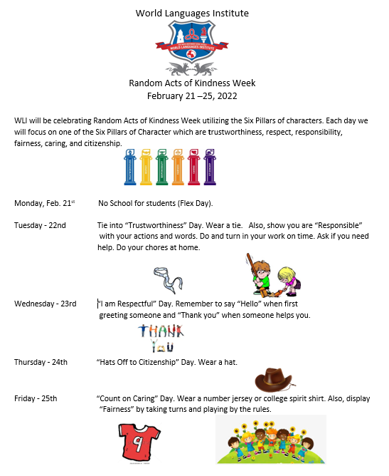 WLInstituteTX's tweet photo. Random acts of kindness is taking place at WLI! We will be focusing on one of the Six Pillars of Character each day: Trustworthiness, Respect, Responsibility, Fairness, Caring and Citizenship. Look below for the days for each pillar! https://t.co/cqY8PbjgCA