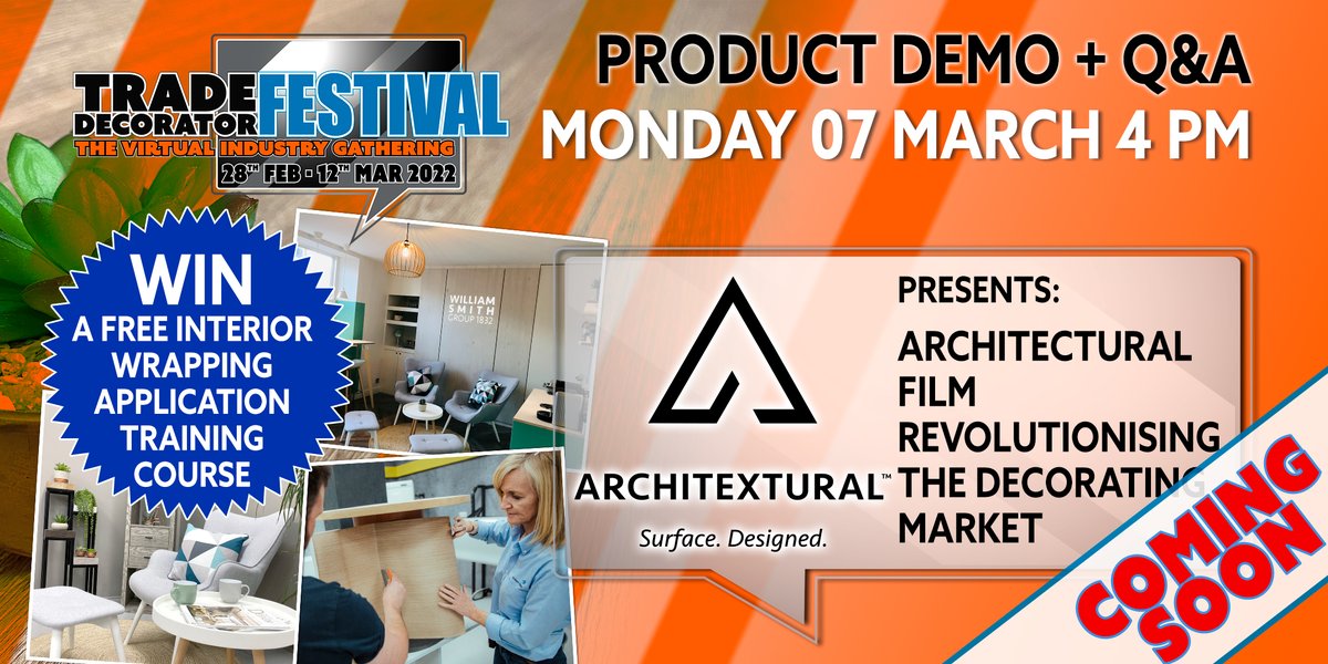 Trade Decorator (@trade_decorator) on Twitter photo On the 7th March at 4pm we’ll be joined live by Jack Carr of <a href="/_Architextural/">architextural</a>. Bringing you Architectural Film, the ground-breaking decorating products.
Join us and you can win a free two-day interior wrapping training course, worth up to £400!
bit.ly/3BEsWFh On the 7th March at 4pm we’ll be joined live by Jack Carr of <a href="/_Architextural/">architextural</a>. Bringing you Architectural Film, the ground-breaking decorating products.
Join us and you can win a free two-day interior wrapping training course, worth up to £400!
bit.ly/3BEsWFh