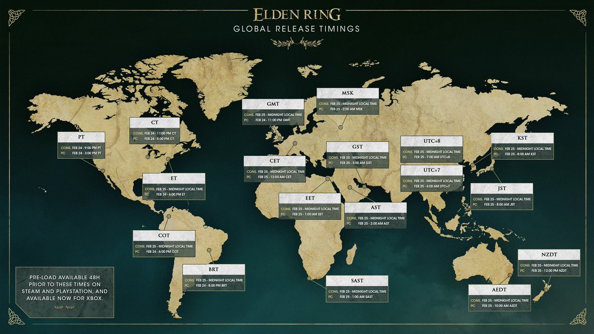 EldenRingRPG's tweet photo. Worldwide Elden Ring Release Schedule https://t.co/uZu2DoGMTw