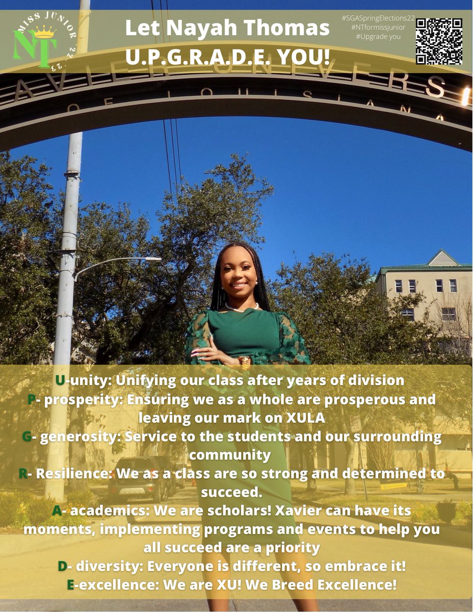 nayahhh_t's tweet image. Class of ‘24/‘26 Let Nayah Thomas U.P.G.R.A.D.E You! And vote me, Nayah Thomas,  to be your next Miss Junior for the ‘22-23 school year! 👑

Check out my platform on my website linked below and in my bio!
sites.google.com/view/nayahthom…
#SGASpringElections22 #upgradeyou #NTformissjunior