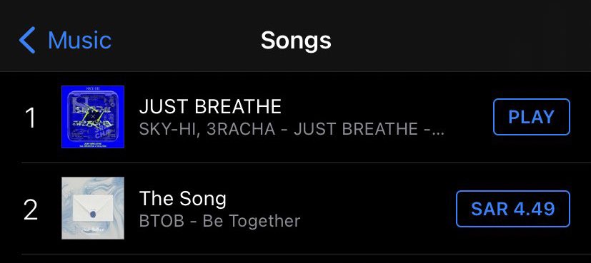 [ معلومة ] 220221 | يحتل أغنية JUST BREATH لسكاي هاي بالتعاون مع ثريراتشا المرتبة #1 فئة الأغاني في آيتونز السعودية🇸🇦 🤩

• عمل رائع ستاي، استمروا بالشراء اذا كان لديكم آبل ID آخر أو إذا كانت لديكم الامكانية ساعدوا اصدقاءكم بالشراء (عن طريقة التحويل اليهم وليس عبر هدية ايتونز)