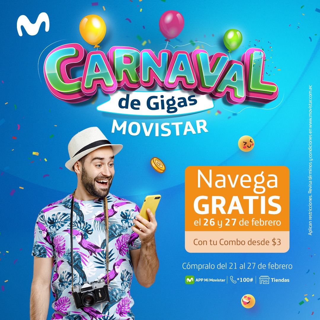 herguerra's tweet photo. ¡Más beneficios en los Combos Prepago! Aprovecha el #CarnavalGigasMovistar y navega GRATIS el fin de semana. Compra tu combo desde $3, del 21 al 27 de febrero y disfruta de tu REGALO. https://t.co/hnofqtE3Sm