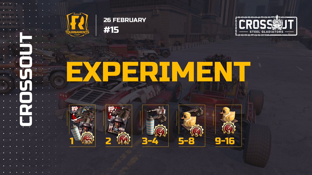 CROSSOUT_RU's tweet photo. 🏆 [Турнир] [PC] «Эксперимент 15: Парный дрифт» — уже в эту субботу!

😎 Выжившие, пришло время проявить себя! Не упустите шанс поучаствовать в турнире с отличными наградами!

➡ https://t.co/W3xEIM0JJv

#crossout #турнир https://t.co/wcstbAJbvJ