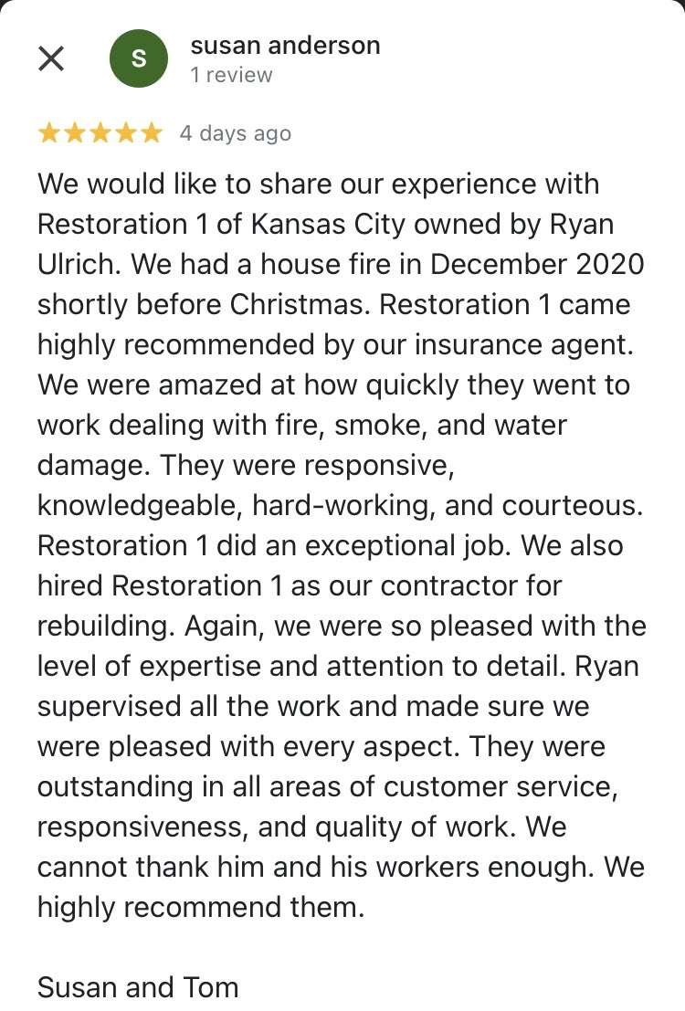 Restoration1_KC's tweet photo. Love seeing these 5 star reviews! If you’re in #KansasCity and need restoration, we’re the 1!

#KCMO #Kansas #Missouri #water #fire #mold #Biohazard https://t.co/xrtQOZw5sc