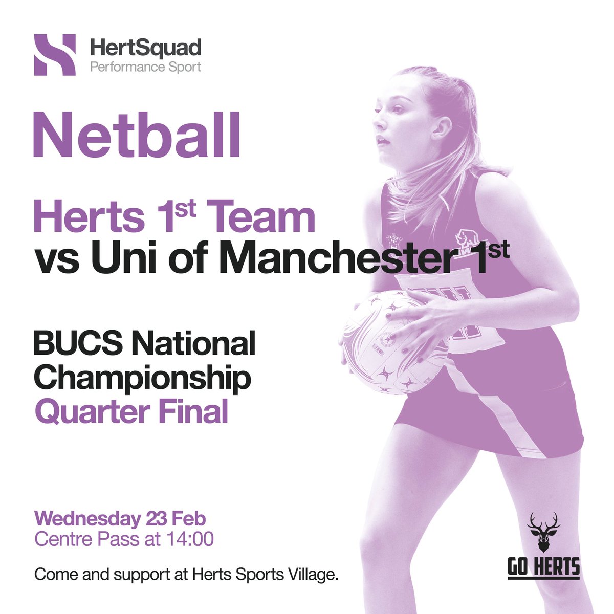 UH Netball (@uhnetball) on Twitter photo Big quarter final this Wednesday! The game will be on the show court so lots of room for a home crowd ππ€ 2pm centre pass at Herts Sports Village #goherts Big quarter final this Wednesday! The game will be on the show court so lots of room for a home crowd ππ€ 2pm centre pass at Herts Sports Village #goherts