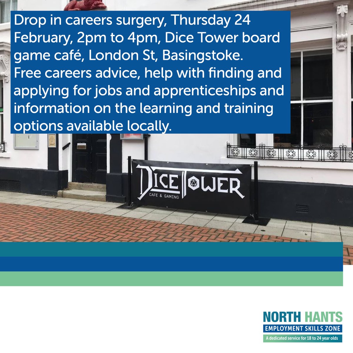 Aged 18 to 24? Come along to the North Hants Employment Skills Zone Hub at the Dice Tower board game café in #Basingstoke this Thursday, and get #employment help from <a href="/bcot/">Basingstoke College of Technology</a>, <a href="/AppSkillsHub/">The Apprenticeship & Skills Hub</a>, <a href="/hantsconnect/">Hampshire County Council</a> and <a href="/NationalCareers/">National Careers</a>.  

esznorthhants.org.uk/event/basingst…