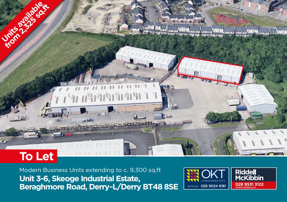 NEW INSTRUCTION | TO LET | Units 3/6 Skeoge Gateway Business Park, Derry.
9,300 sq.ft Modern Business Unit with ample on site parking. 
Contact RiddellMcKibbin.com on 028 9531 3122 to arrange viewing or our joint agent <a href="/okt/">gyalchester</a> Michael Burke