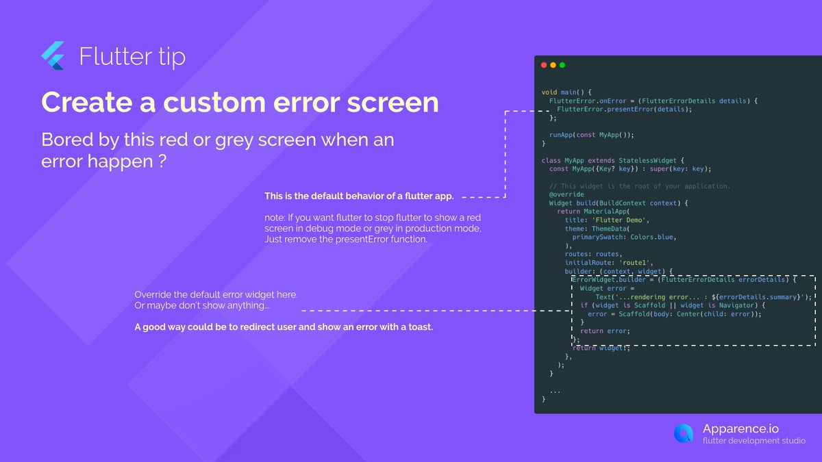 mcflyDev's tweet image. 🧐 Flutter tip 45
Create a designed error screen.
I’m bored by that red or grey screen.
#flutterdev #flutter #fluttertip