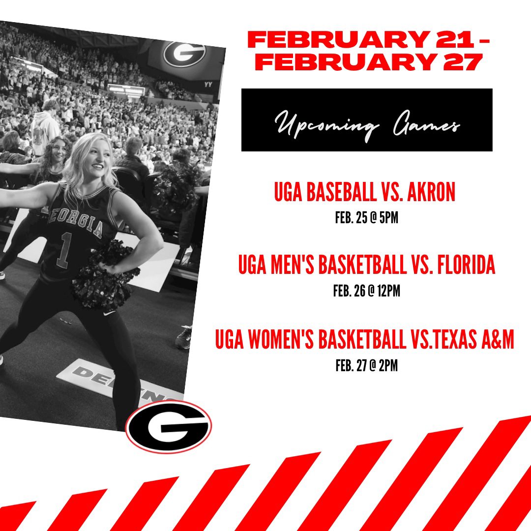 There is a lot to look forward to this week! Join us at our events in the Steg, but also make sure to come out to the baseball game this Friday to see us dance. You don’t want to miss it!! 🏀🐶⚾️

#UGADanceDawgs #GoDawgs #Basketball #Baseball