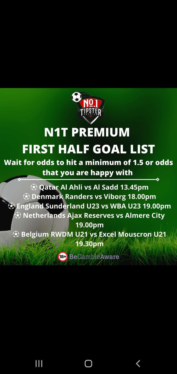 bet_confidence's tweet photo. ⚽️ FREE FOOTBALL TIPS ⚽️

👌5 selections from our Premium First Half Goal (FHG) list today starting at 1.45pm.

Get a Free 7 Day Trial for just £1.00 at https://t.co/mB7VWd2rju 

#bettingtips #freetips #free #footballtips #daily #freebettingtips #bet #7daysfree #freetrial https://t.co/7FQ9xWEuNI
