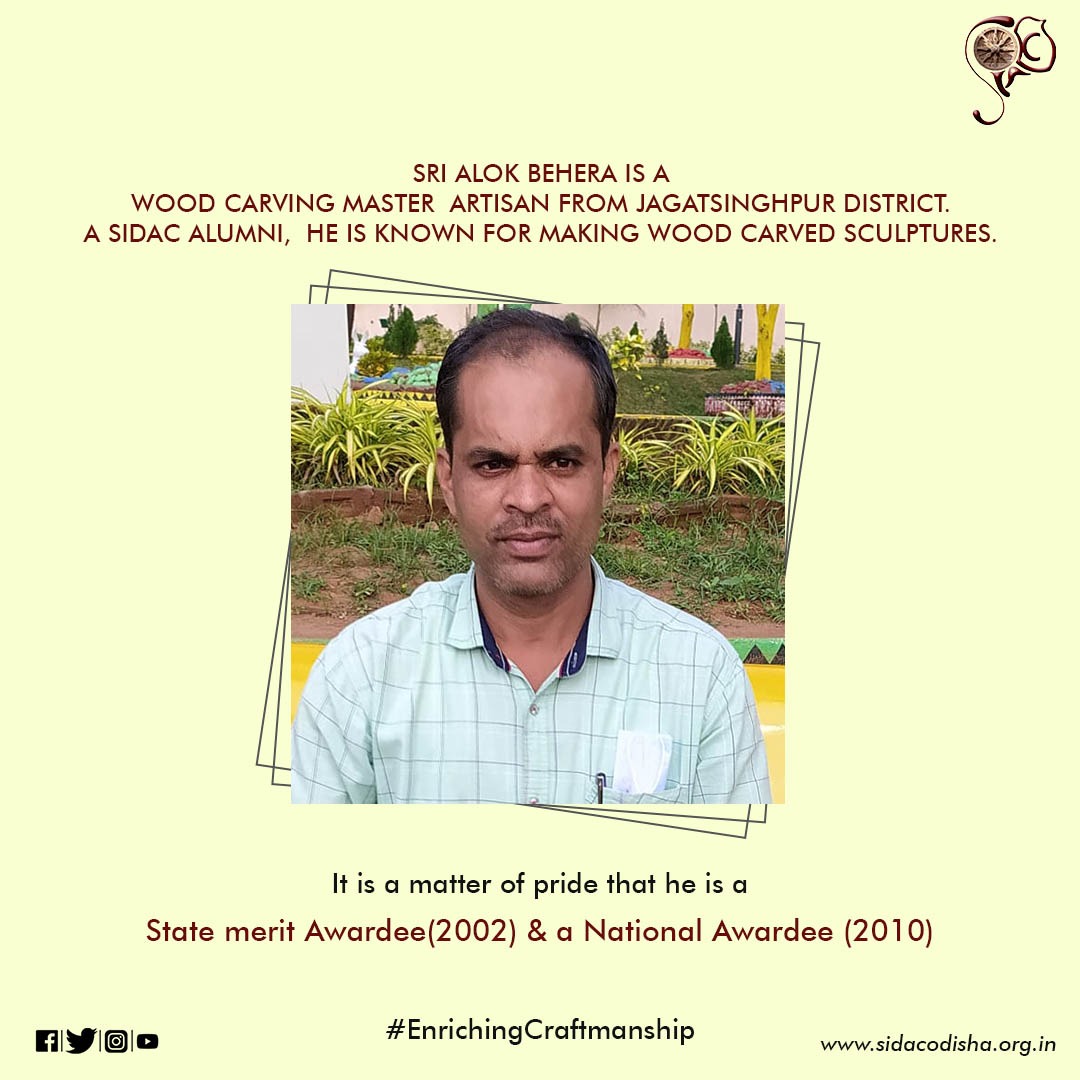 Sidac_Odisha's tweet photo. SIDAC applauds Sri Alok Behera, #MasterCraftsmen from Jagatsinghpur district (known for making beautiful sculptures with wood carving) for winning State Merit Award 2002 and National Award 2010.
@HTH_Odisha @odisha_tourism @kalabhoomibbsr https://t.co/ROAZEhBSDE