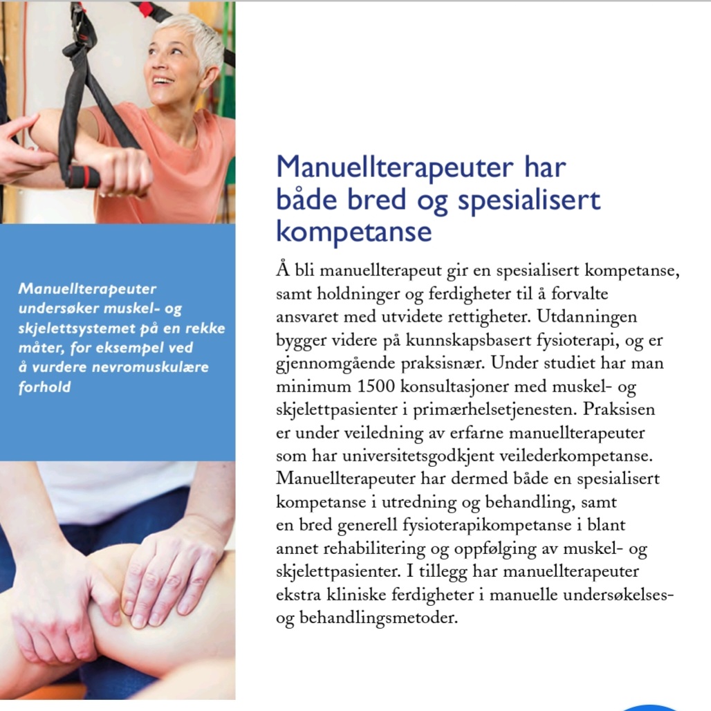 ffmanuellterapi's tweet photo. Helsepolitiske rådgivere og beslutningstakere bør vite at manuellterapi er en videreutdanning for fysioterapeuter, at manuellterapeuter dermed er autoriserte fysioterapeuter. Manuellterapeuter i @norskfysio ønsker IKKE dobbel-autorisasjon. 

Brosjyre:
https://t.co/FhchIB0EGg https://t.co/bPfP5anm9v