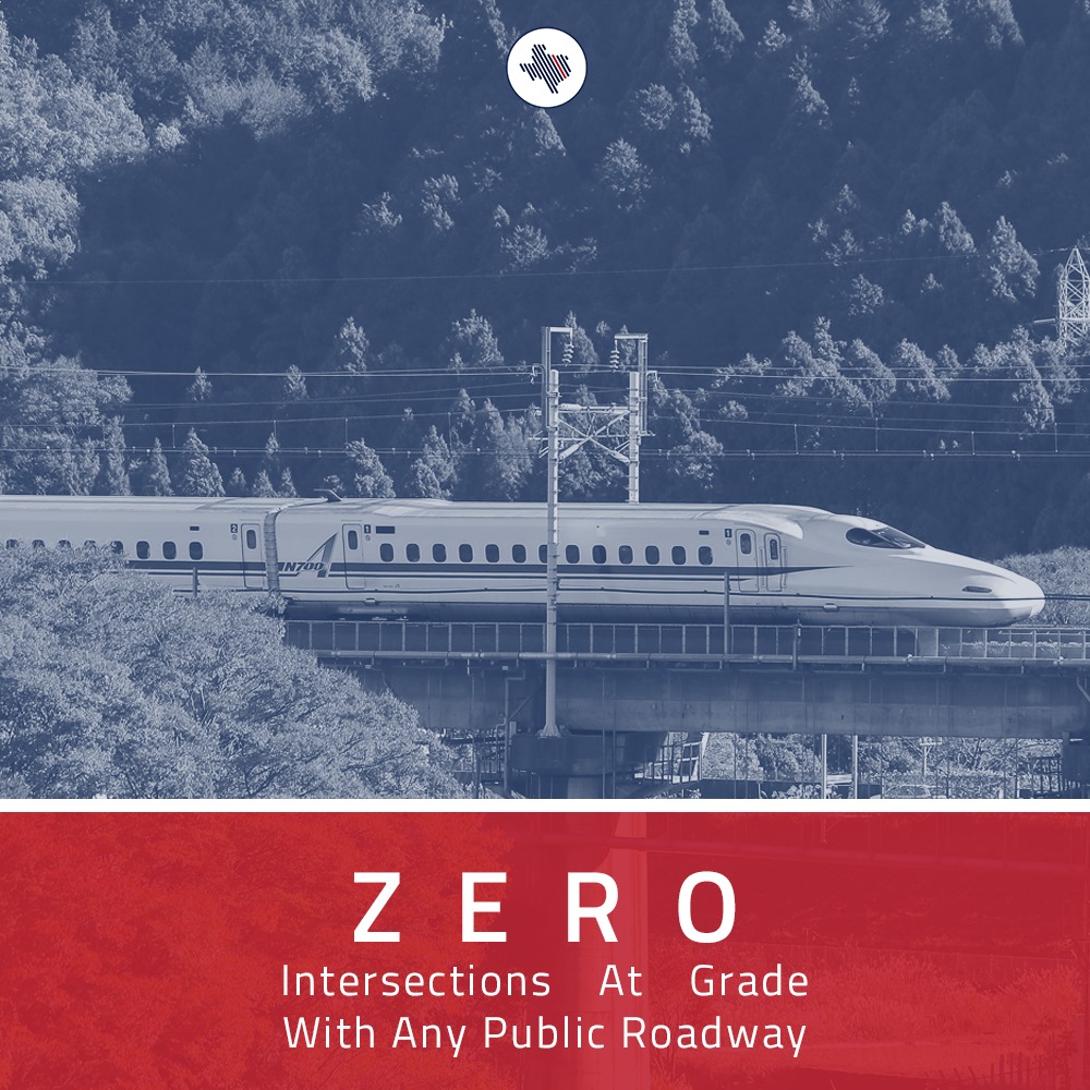 This train will have no “at-grade crossings,” which means the train will never interact w/ traffic, allowing for free movement of wildlife, pedestrians &amp; vehicles. It also makes it easier to avoid impacting streams, wetlands, floodplains and other natural and cultural features.