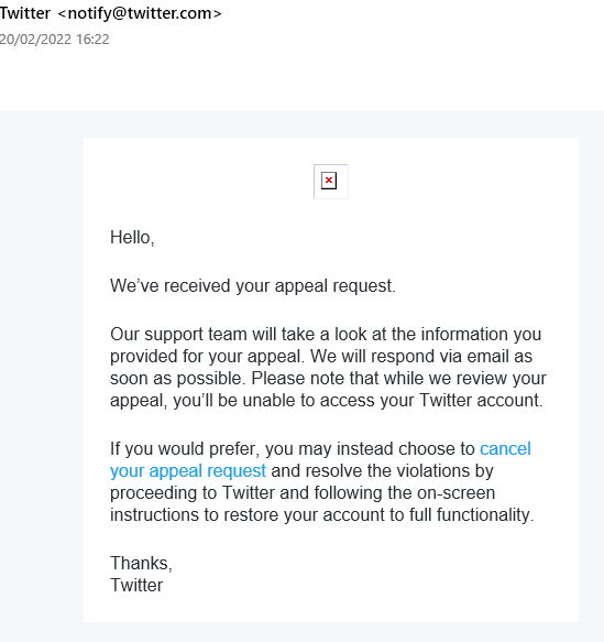 DancerDunc's tweet photo. @Twitter You did this in a matter of seconds? I'm sure it was a very rigorous investigation🧐At least program your automatic response to not be within seconds of receiving an appeal. https://t.co/I83rm6Fesj