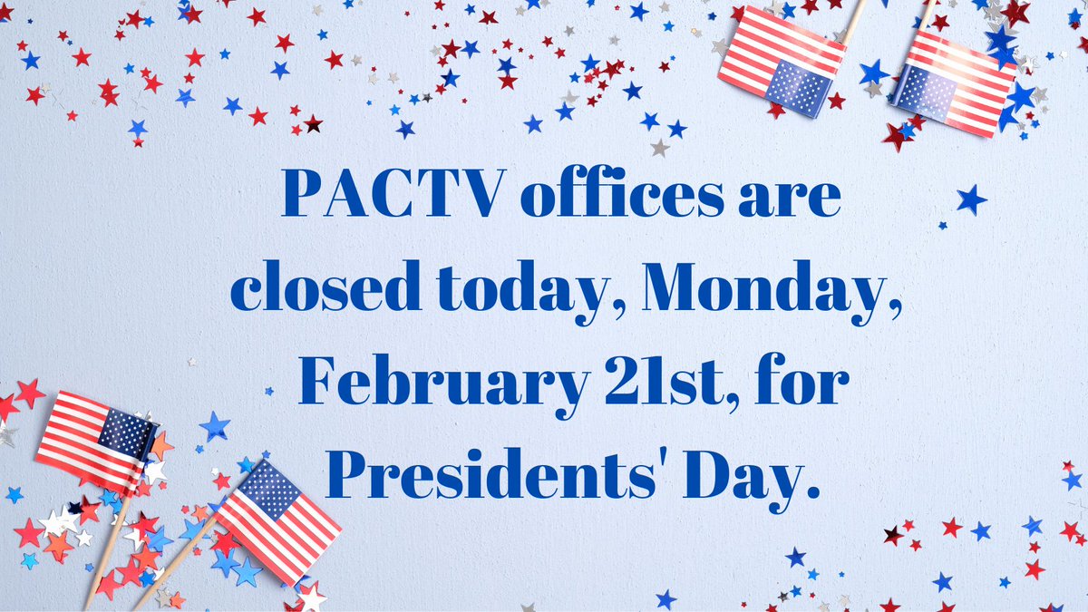 PACTVMedia's tweet photo. Our offices will be open tomorrow. The TV channels are always on and videos of meetings, local school games, and more are available: https://t.co/UPXLWC7BJp
#PresidentsDay2022 #PACTV #community https://t.co/PrwtvTahvj