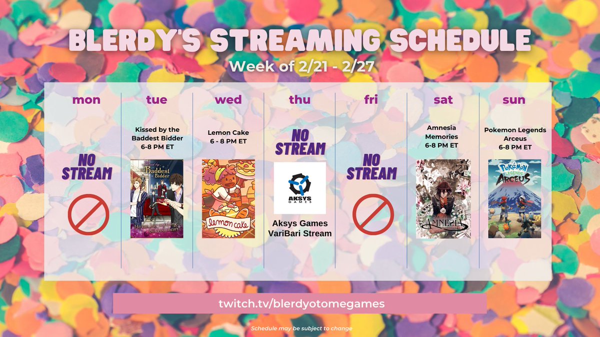 BlerdyOtome's tweet photo. New Streaming schedule and it's gonna be a fun week!
On Wednesday I'm participating in #FarmingFebruary a charity event raising funds for @nokidhungry! Then on Thursday I'll be over on @aksysgames's Twitch channel for their VariBari release day stream!
https://t.co/JC1GQjDKTL https://t.co/CXrjO8gIAL