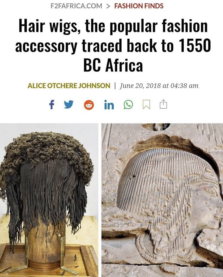 Archaeologist <a href="/ticiaverveer/">Ticia Verveer</a> on Egyptian wigs:

These wigs are made from human hair of two colors with a lighter shade consisting of loose curls on the top with long single braids attached underneath that reveal a two-tiered appearance. These wigs date as far back as 1550-1292 BC