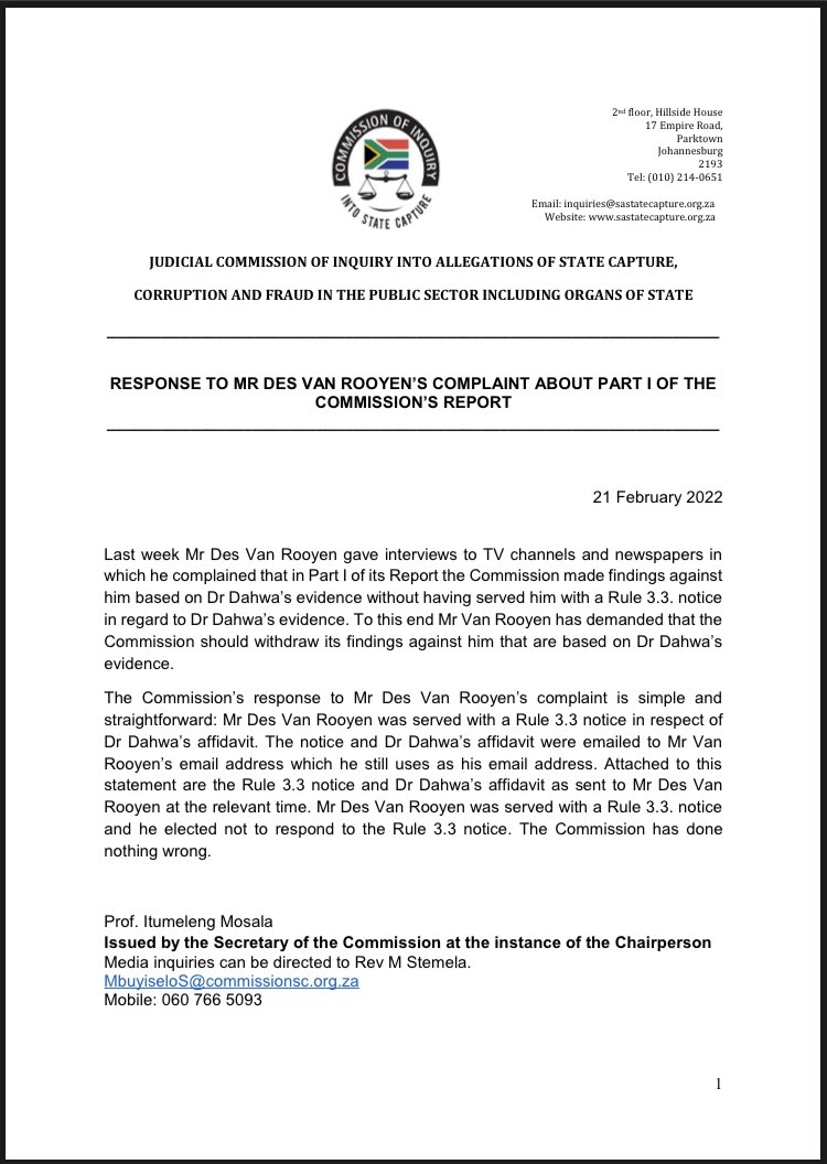 RESPONSE TO MR DES VAN ROOYEN’S COMPLAINT ABOUT PART I OF THE COMMISSION’S REPORT  #StateCaptureInquiry