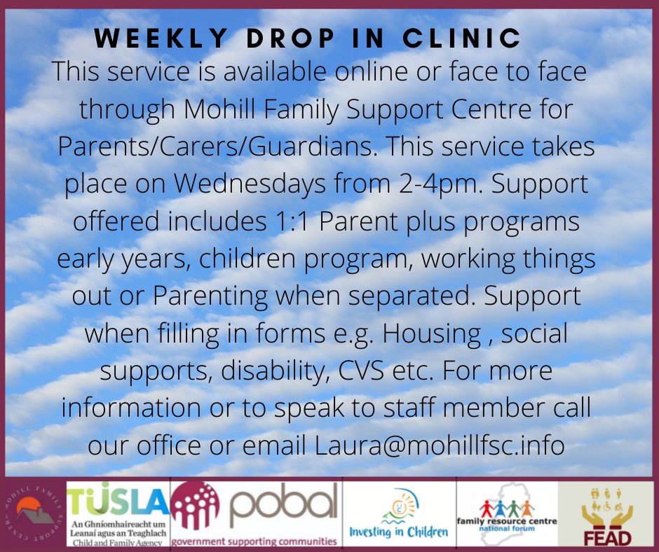 MohillFSC's tweet photo. Weekly Drop-in Clinic
#advice 
#parenting 
#FamilySupport
#SocialSupports
#children https://t.co/Jfu18XU30N