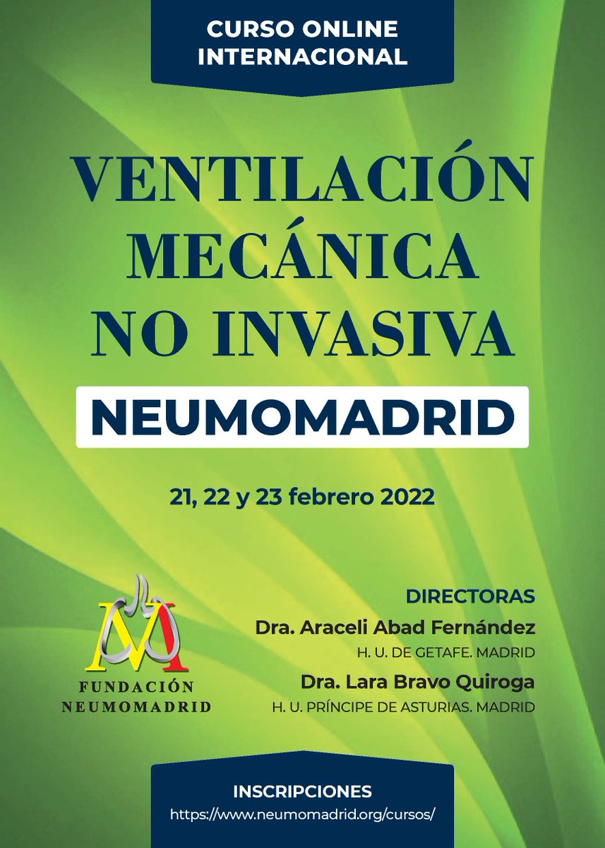 Estamos ahora mismo siguiendo el curso online internacional de ventilación mecánica no invasiva (#VMNI) de <a href="/NeumoMadrid/">Neumomadrid</a>, que hasta el 23 de febrero ofrecerá contenidos sobre este tratamiento de respiración artificial: neumomadrid.org/curso/curso-on…