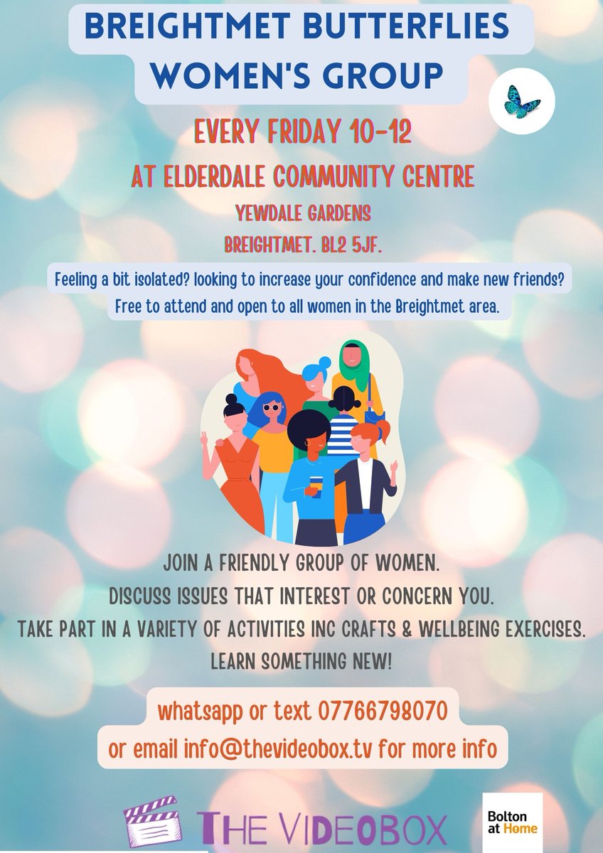 Our Breightmet Butterflies Women's Group is held at The Elderdale Centre in Breightmet, every Friday 10-12. Please share with anyone who you think would like to join us. Open to all women in the Breightmet area. #friendship #ItsGoodToTalk #BoltonFamily #Butterflies #Breightmet