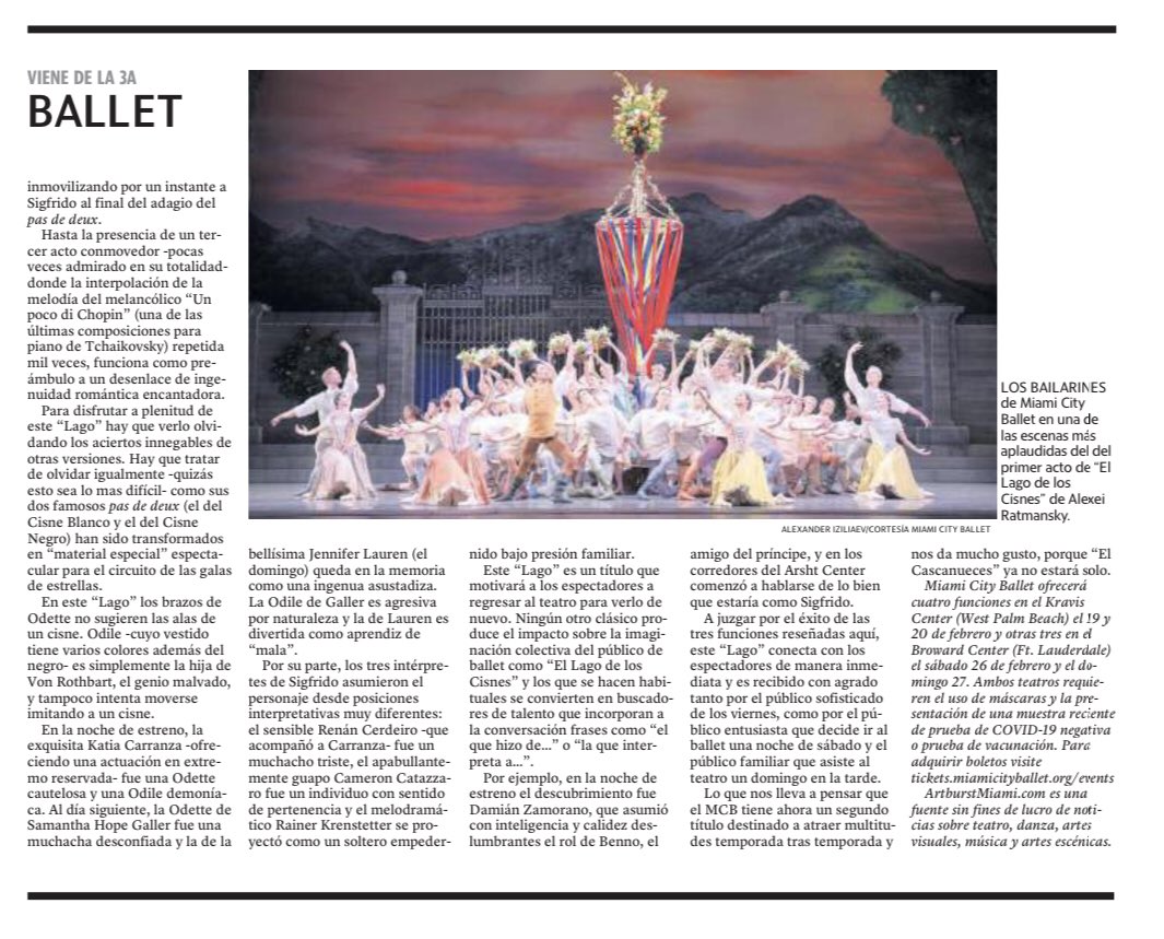 ortaquechel20's tweet photo. En la versión digital @elnuevoherald …mi reseña @artburstmiami sobre @MiamiCityBallet y “El Lago de los Cisnes” de @AlexeiRatmansky #ballet @ArshtCenter @KravisCenter @browardcenter @katycar78_6 @JenLaurenMCB @miamidancehub @MiamiDadeArts @ArtsBizMiami @casadanza1 @DanzadanceOrg https://t.co/1pAJWPbZTz