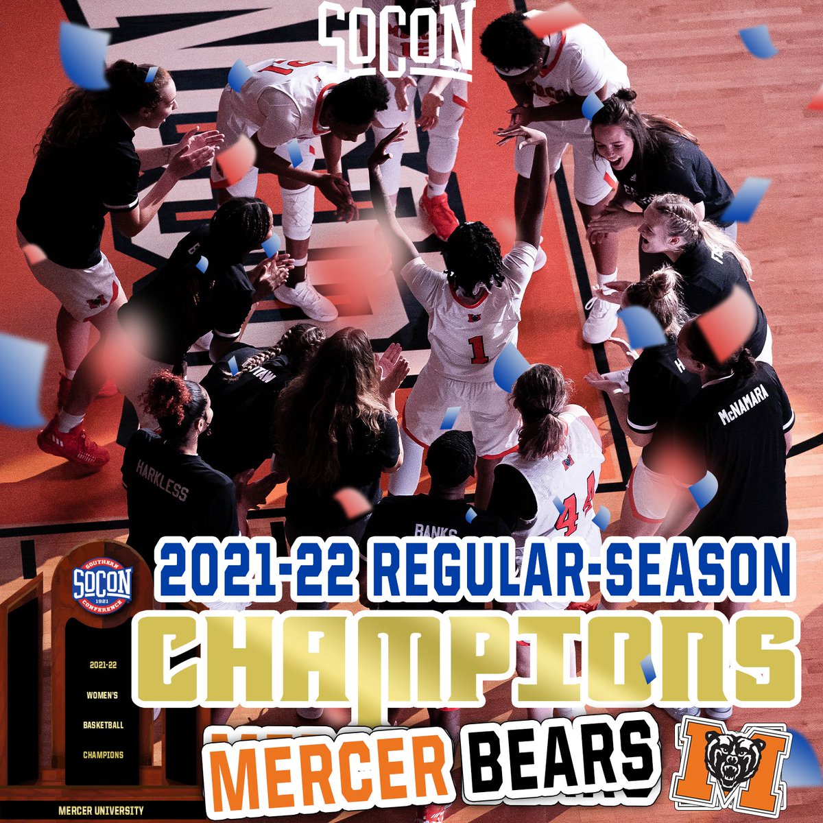 SoConSports's tweet photo. The Mercer Bears secured at least a share of the 2021-22 #SoConHoops regular-season crown this weekend!👑🎉 

LIGHT THE BRIDGE!

#SoConHoops🏀 x @Mercer_WBB https://t.co/XO4RAA49vC