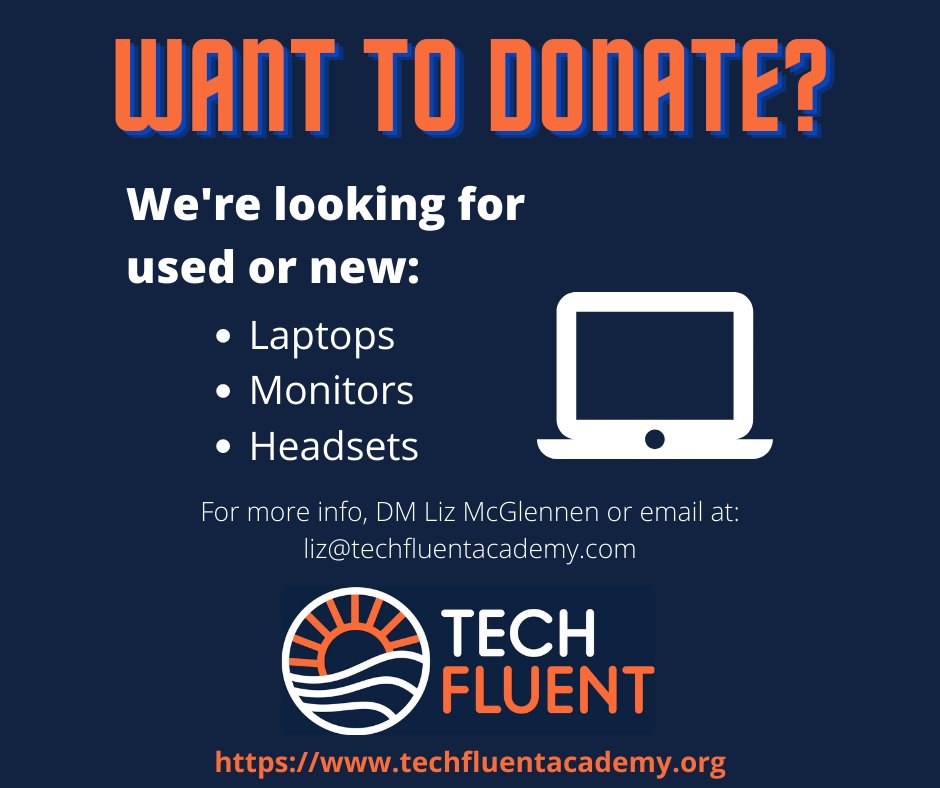 TechFluentNPO's tweet image. We want to be able to provide the necessary equipment so that anyone can participate in our training and job placement program. If you have laptops, monitors or headsets that you don’t need please donate them to us!
#donations