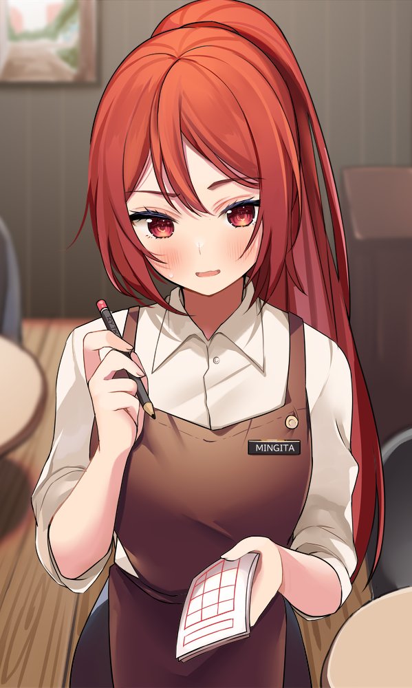 1girl red eyes red hair apron ponytail long hair shirt  illustration images