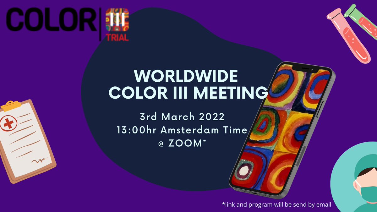 Please join us at the international COLOR III meeting on the 3rd of March 2022 at 13:00hr (Amsterdam Time) with our collaborators from all over the world! We will discuss the progress of the COLOR III trial and interesting topics regarding rectal surgery #TaTME #rectalsurgery