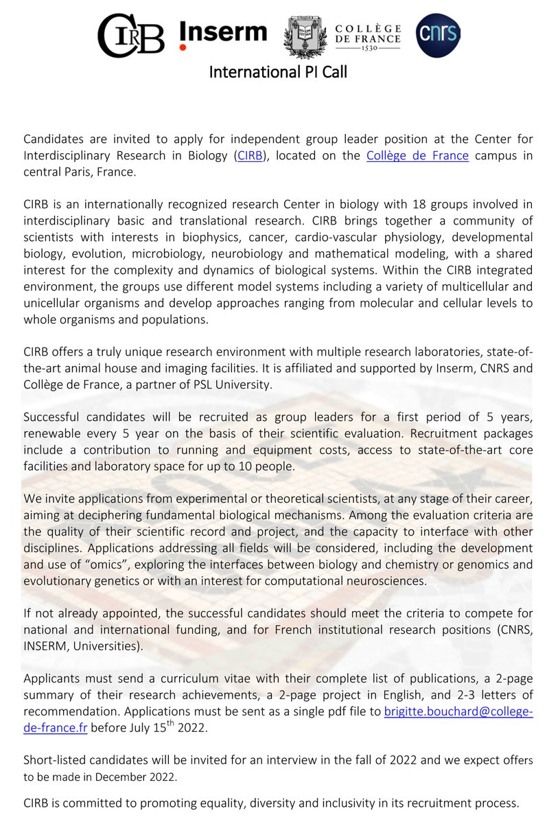 CIRB_CdF (@cirbcdf) on Twitter photo #Jobs|#Research |📣 International PI Call <a href="/CirbCdf/">CIRB_CdF</a> -Candidates are invited to apply for independent group leader position at the Center for Interdisciplinary Research in Biology, located on the Collège de France campus in Paris <a href="/Inserm/">Inserm</a> <a href="/CNRS/">CNRS 🌍</a> <a href="/cdf1530/">Collège de France</a> 🔽To apply information below #Jobs|#Research |📣 International PI Call <a href="/CirbCdf/">CIRB_CdF</a> -Candidates are invited to apply for independent group leader position at the Center for Interdisciplinary Research in Biology, located on the Collège de France campus in Paris <a href="/Inserm/">Inserm</a> <a href="/CNRS/">CNRS 🌍</a> <a href="/cdf1530/">Collège de France</a> 🔽To apply information below